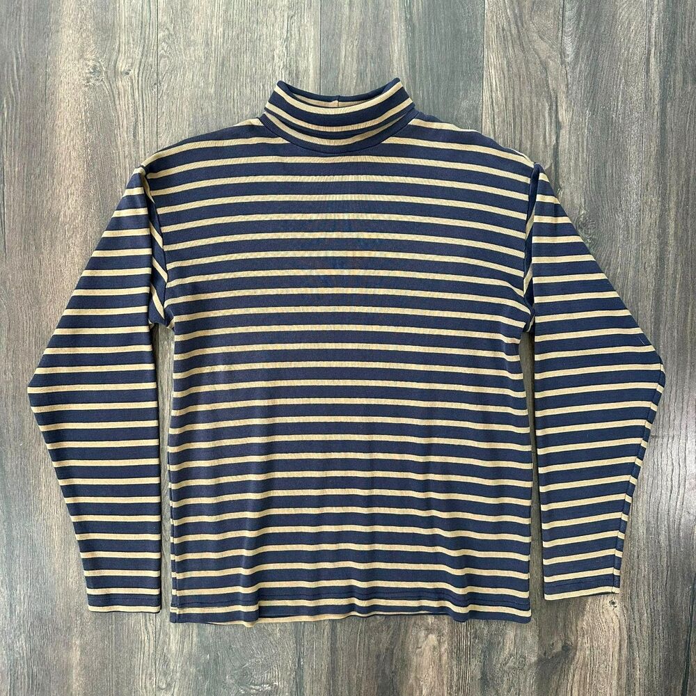 Vtg J.Crew Striped Long Sleeve TurtleNeck Shirt Navy Tan Striped Cotton Top Sz S